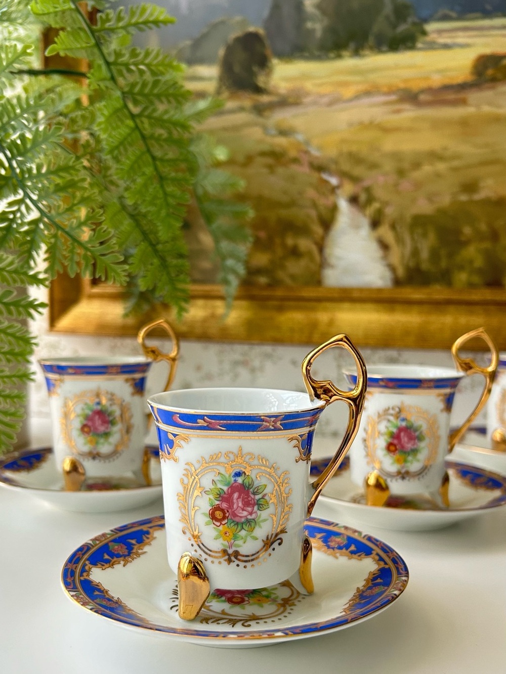 🌴Dazzling Czechoslovakian Fine Porcelain Blooming Rose Demitasse Cup & Saucer
